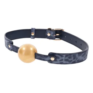 blue leopard print with gold gag from the side