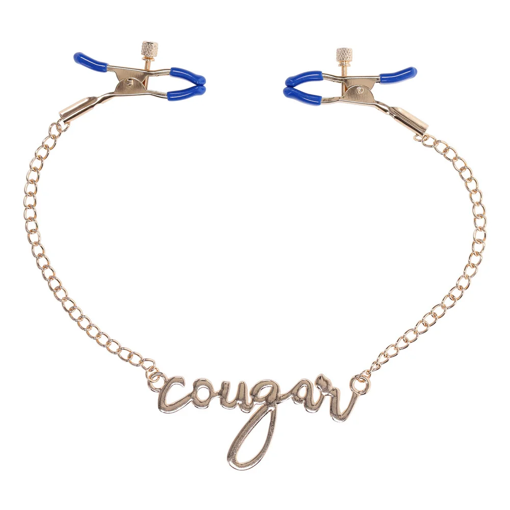 rounded gold cougar chain with blue clamps