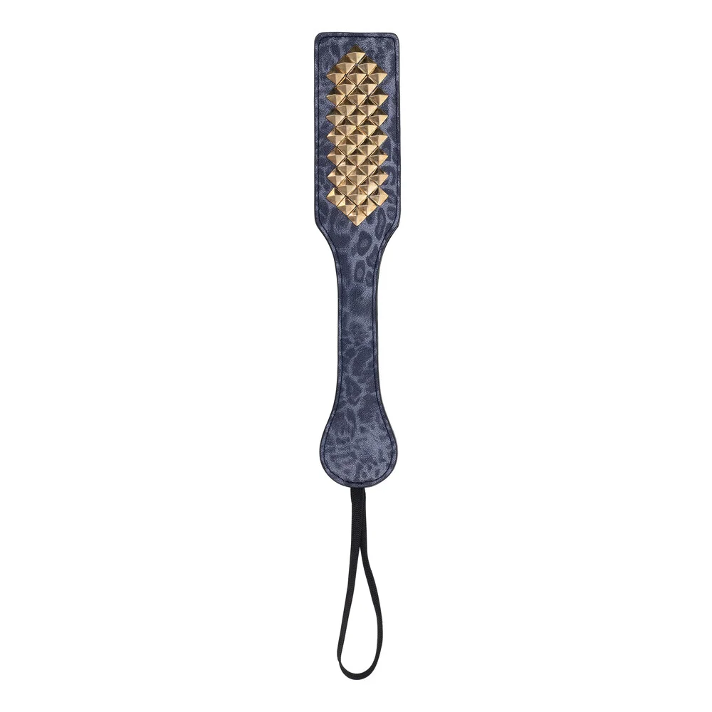 vertical blue leopard print paddle with gold spikes